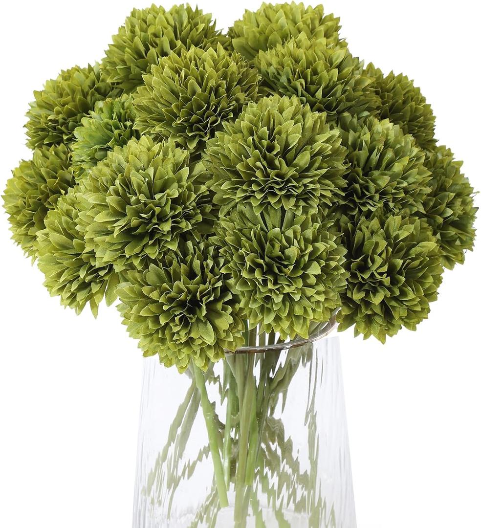 Kimura's Cabin 20pcs Green Artificial Flowers Silk Fake Chrysanthemums Flower Faux Mums Ball Flowers,Wedding Bouquets Home St Patricks Day Decor Floral Arrangement Table Centerpiece