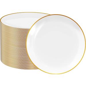 FOCUSLINE 100 Count Gold Plastic Plates 10.25 Inch, Disposable Heavy Duty Dinner Plates, Premium Hard Plastic Plate Fancy Disposable White Plate with Gold Rim