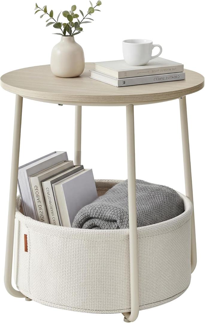 SONGMICS HOME Small Side Table, Round End Table, 2 Tier Nightstand with Basket, U Shaped Steel Legs, Easy Assembly, for Living Room, Bedroom, Beige and White