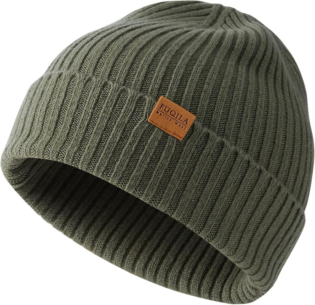100% Merino Wool Cuff Beanie Hat, Unisex Warm Winter Caps Soft, Breathable & Cozy Stretchy Knitted Cuffed Cap (One Size, Absinthe Green)