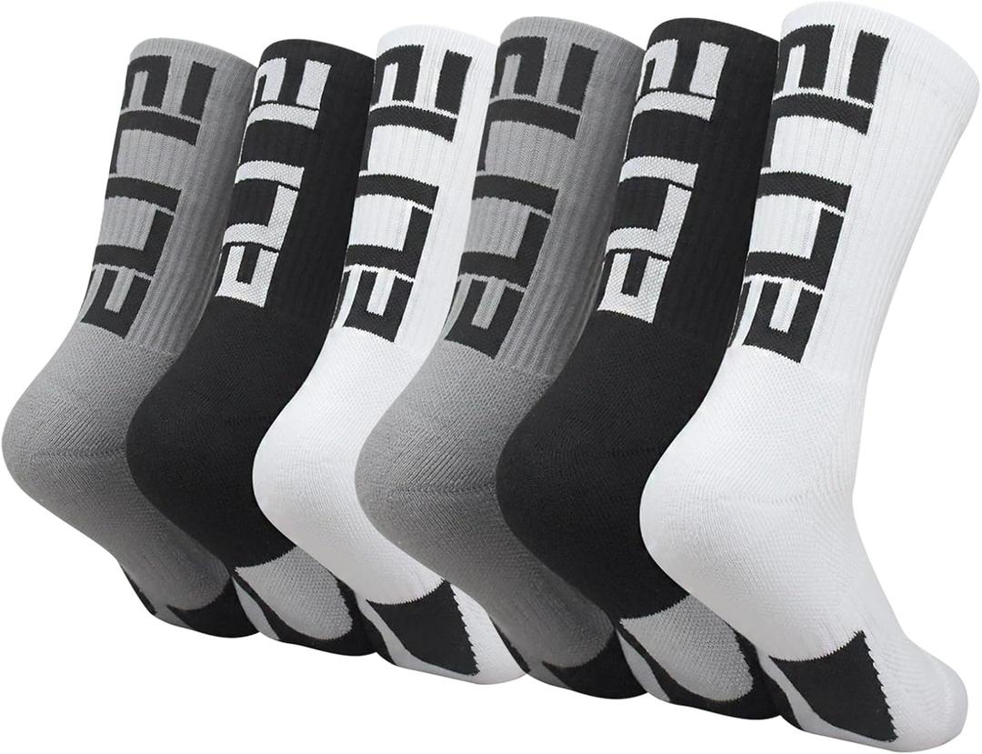 Basketball Crew Socks for Men and Women, Cushion Performance Athletic Basketball Socks (Medium, Black/White/Grey - Elite Crew Socks (6 Pairs))