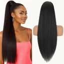 Drawstring Ponytail Extension for Women, 30 Inch Long Yaki Straight Pony Tails Hair Hairpiece Clip in Extensions Natural Looking Soft Synthetic Drawstring Ponytail for Black Women, Natural Black