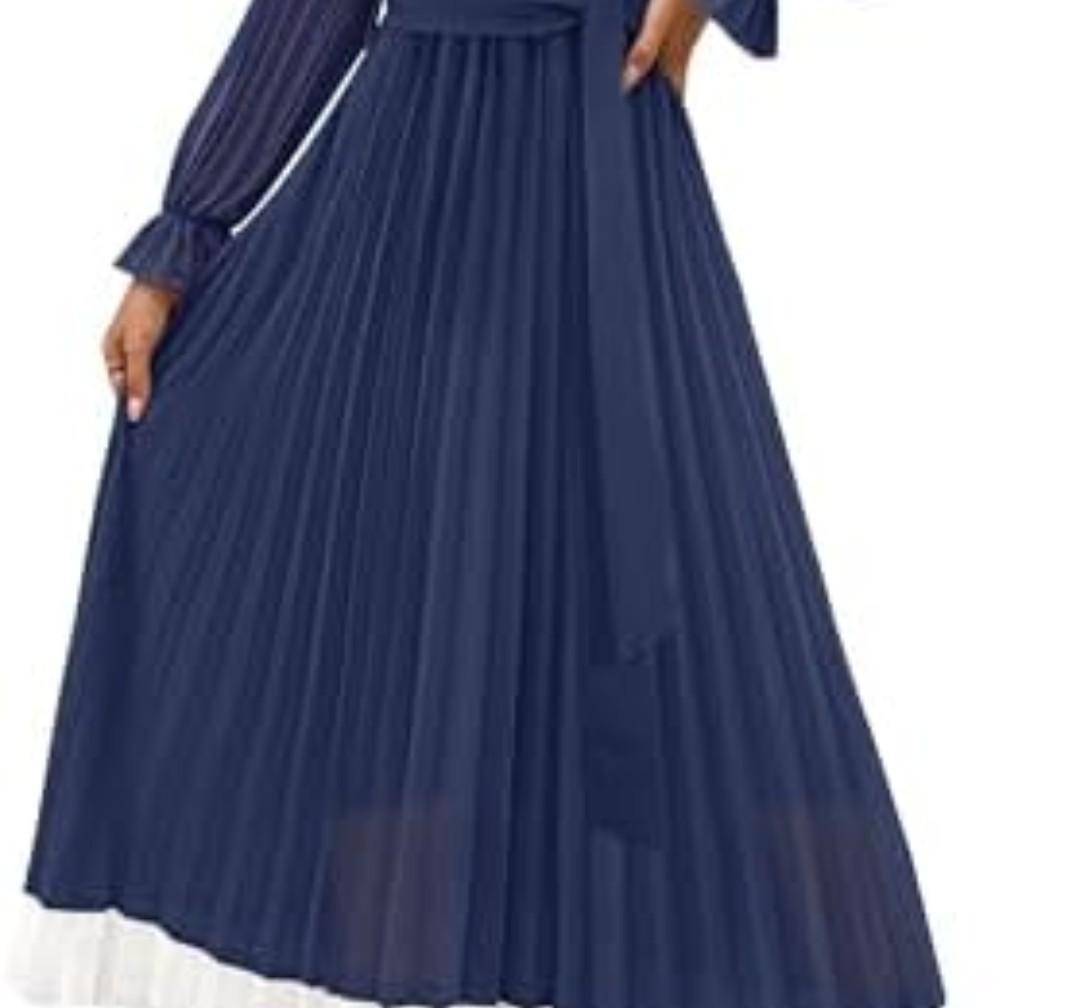 ZESICA Women's Spring Long Sleeve Chiffon Dress Casual Crew Neck Pleated A Line Flowy Midi Dresses with Belt, S