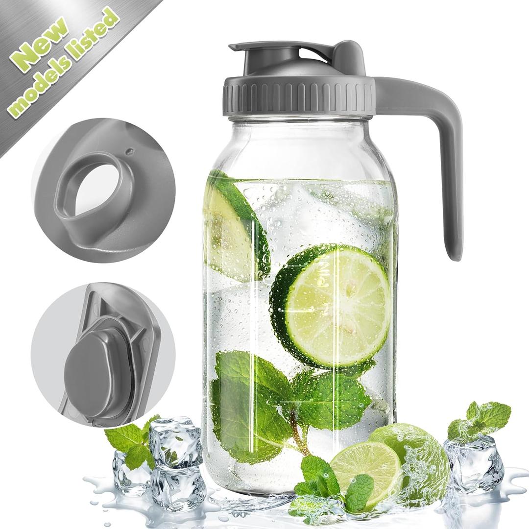 Mason Jar with Pour Spout Lid V-shaped, 64 oz Iced Tea Pitcher with Lids Double Leak Proof, 2 Quart Drink Pitcher for Breastmilk, Sun Tea, Juice, Coffee Creamer, Juice Containers (Gray)