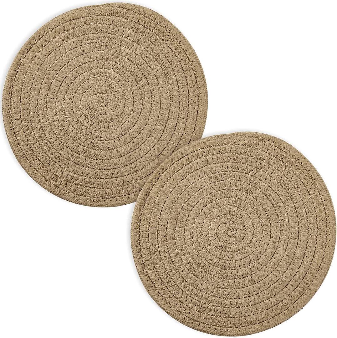 4 Pack Round Woven Placemats,13.8 inch Plate Chargers Brown Jute Thick Place Mats Cotton Jute Rope Braided Tablemats Rattan Tablemats Weave Placemats for Dining Table