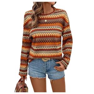SOLY HUX Women's Long Sleeve T Shirt Boho Chevron Print Crew Neck Drop Shoulder Casual Fall Tops Multicoloured Chevron Medium (Brown, M)