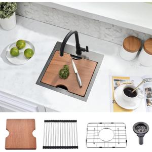 15x15 Black Bar Sink Drop In - 16 Gauge Black Stainless Steel Small Kitchen Sink, 9" Deep Single Bowl Workstation Sinks with Accessories for RV, Outdoor Kitchen & Wet Bar