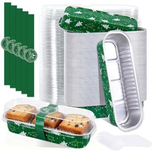 FYSUIMU 100 Pcs Christmas Mini Loaf Pans with Lids and Forks 6.6 x 2.6 x 1.2 Cake Pans Green Xmas Tree Rectangular Aluminum Foil Baking Pan for Muffin Ramekins Party Picnic Supplies