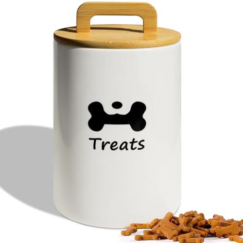 NIXBYO Dog Treat Container Airtight - 5 Inch Wide x 8.7 Inch White Ceramic Dog Treat Jar for Kitchen Counter, Doggie Cookie Jar with Airtight Bamboo Lid - Farmhouse Style Dog Food Storage Container