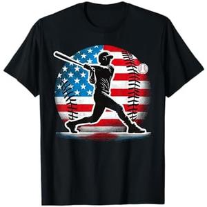 American Baseball Player Batter with United States Flag USA T-Shirt, Medium