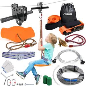 Zipline Kits for Backyard Kids, with 6ft Zipline Spring Brake and Belt, Zip line Trolley with Handle, seat and Bag (80ft)
