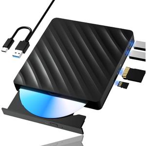 5 in 1 External Blu Ray Drive, Portable Blu Ray Player with USB 3.0 Type-C, CD DVD Burner 3D Blu Ray with SD/TF Port, Blu Ray Drive Compatible with Windows Laptop Desktop (Updated Version)