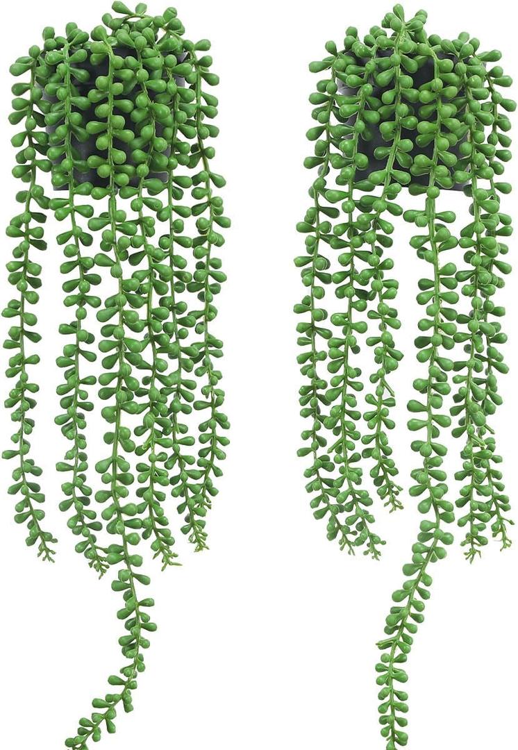 Floweroyal 2pcs Fake Hanging Plants Fake Potted String of Pearls Succulent Plants Small Faux Plants for Indoor Outdoor Shelf Wall Decor (Type2-green-2pcs)