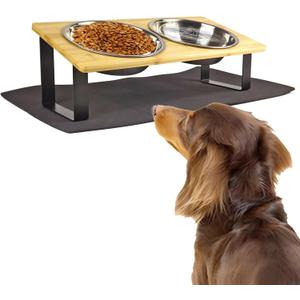Stand-Up Tilted Bamboo Table & Metal Elevated Dog Bowls - 2 Stainless Steel Bowls for Food or Water Included, Elevated pet Feeder Perfect for Small Dogs, Cats, Medium Pets (Medium (Fixed Height Non-Adjustable))
