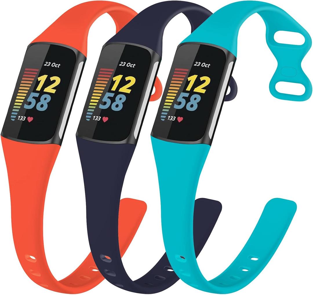 TopPerfekt Slim Bands Compatible with Fitbit Charge 6 Women Men, Adjustable Soft Silicone Sport Replacement Watch Band Straps Wristbands Bracelet for Charge 5 Activity Tracker (3-Orange/Teal/Dark blue)