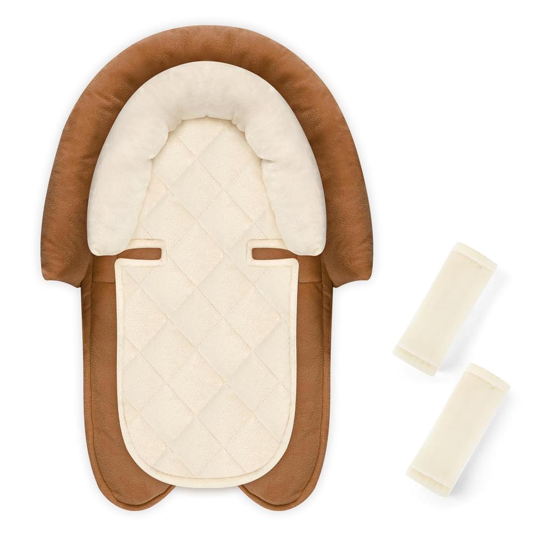 Baby Car Seat Head Body Support & Strap Covers, 2 in 1 Infant Car Seat Insert, Reversible Soft Breathable Newborn Cushion Pads for Preemie, Perfect for Baby Carseats, Strollers, Swings (Brown)