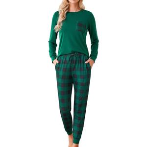 Womens Christmas Pajamas Long Sleeve Pj Set Soft Plaid Pants Sleepwear with Pockets M