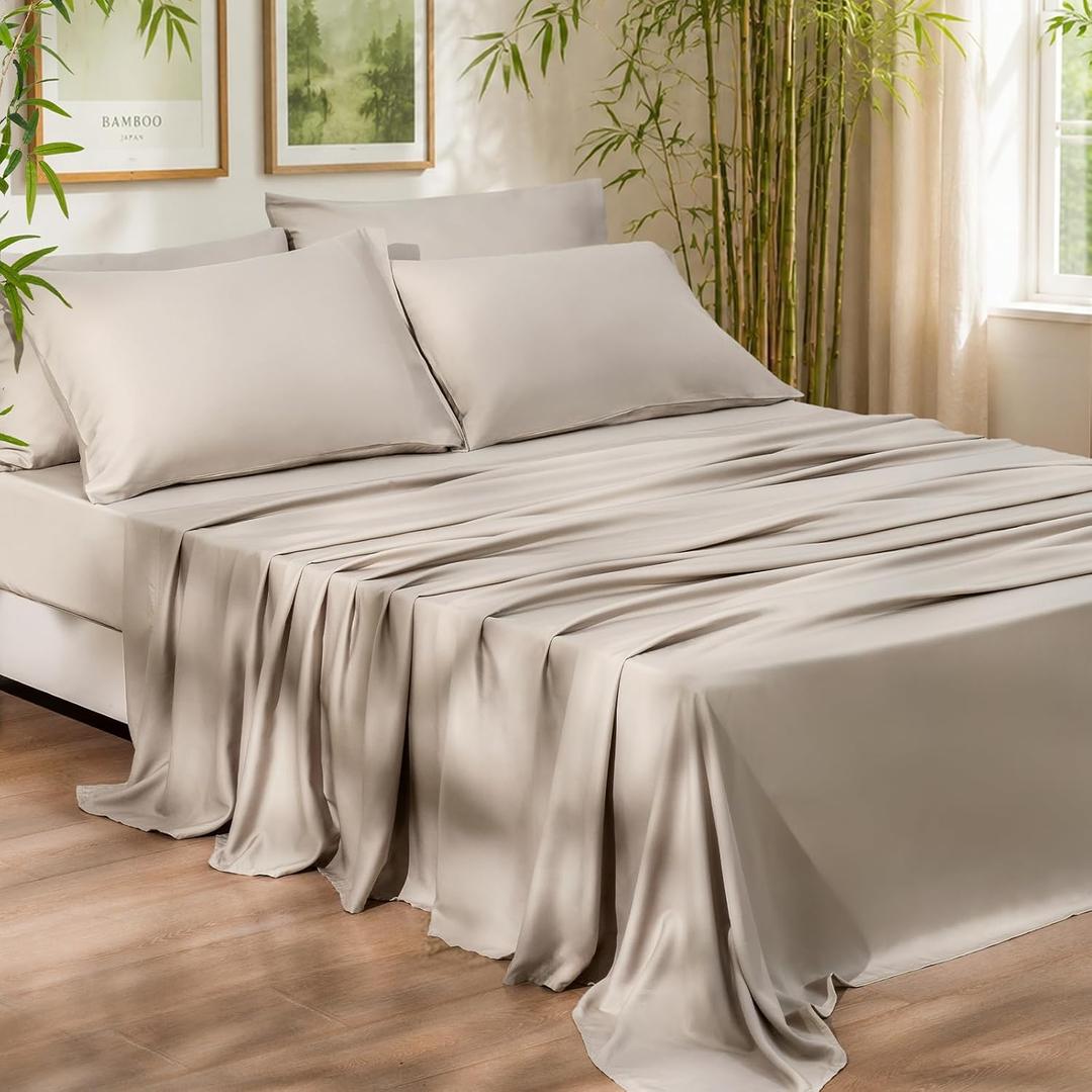 PHF 6PCS 100% Rayon Derived from Bamboo_ Sheets Set Queen Size,Cooling Sheets for Hot Sleepers,Wider Elastic Band & 16" Deep Pocket,Luxury Silky Soft Breathable Bedding Set & Pillowcase, Light Taupe