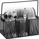 Mind Reader Multi-purpose Storage Caddy with Handle, Desktop Organizer, Cutlery Holder, 4 Compartments, Metal Mesh, Black