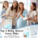 Dunzoom 461 Pcs Funny Baby Shower Games with Prizes for Guests Game Player Winners Gifts Include Plastic Tumbler Notebook Ballpoint Pen Gift Bag, All in One Set(Blue)