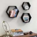 AHDECOR Wall Mounted Hexagon Floating Shelves, Wooden Wall Organizer Hanging Shelf for Home Decor, Set of 3, Black