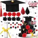 Jingmore Graduation Cake Kit Included Felt Graduation Cap Diploma Classic Black Congrats Grad Cupcake Toppers Beads Leaf Flowers Cake Decorations for Class of 2026 Party(Red and Black)