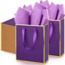Yeaqee 50 Pack Metallic Gift Bags with Handle and Tissue Paper Gold Foil Welcome Bag for Wedding Guest Fall Party Hotel Guest 5 Senses Gifts Birthday Baby Shower Holiday 9x7x3.15''(Purple Gold)