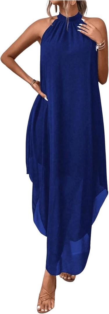 Verdusa Women's Fall Formal Wedding Guest Dress Halter Flowy Sleeveless Asymmetrical Boho Maxi Dress (Large, Royal Blue)