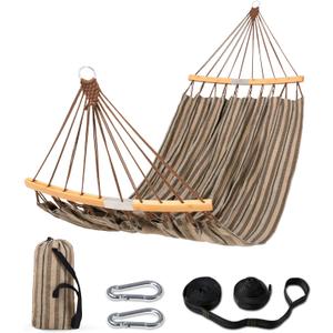 SUNCREAT Hammocks Double Hammock with Curved Spreader Bar, Outdoor Camping Portable Hammock with Carrying Bag & Tree Straps for Patio, Backyard, Balcony, Max 450lbs Capacity, Brown