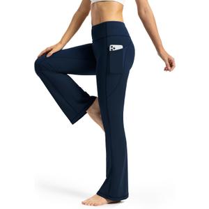 Tapata Petite Women's Bootcut Yoga Pants 26"/28" Inseam High Waist Workout Flare Leggings with Pockets (Large, Navy Blue)