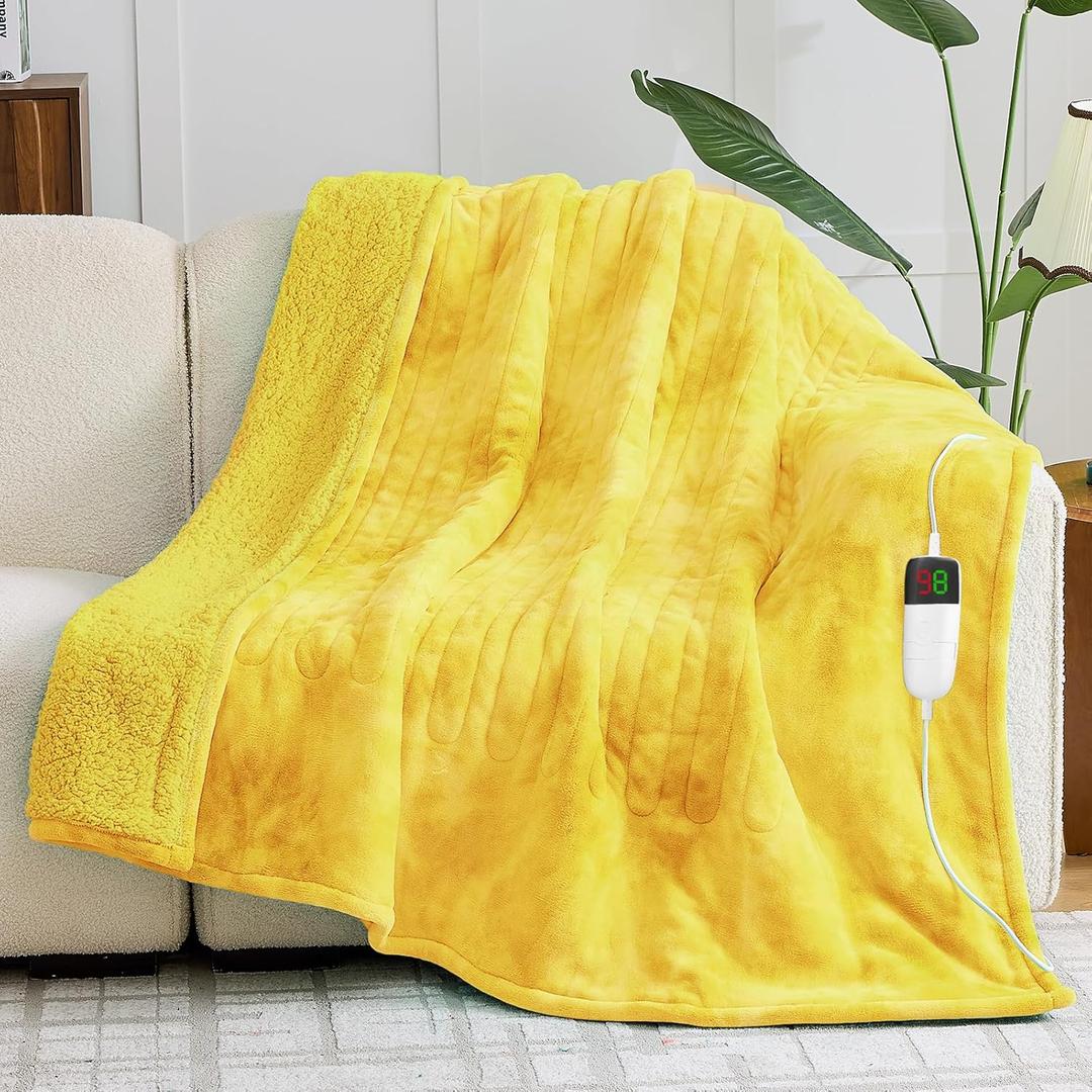 greenoak Heated Electric Blanket Throw, Faux Fur Sherpa Heating Blanket for Sofa Bed, Warm Winter Gifts for Women/Adults, Heater Lap Blankets 5-Position Timer &10 Heating Levels 50''*60" Lemon