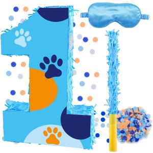 16 Inch Number 1 Dog Paw Pinata with 16 Inch Piata Stick Blindfold Confetti for Boy Girl Kids 1st Birthday Party Decorations (1st)