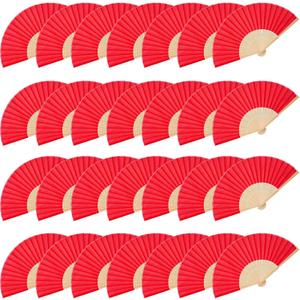 JOHOUSE 28 Pcs Fabric Folding Hand Fans, 8.3 Inch Red Fabric Folding Fans Handheld Portable Bulk Crafts for Wedding, Dancing, Chinese and Japanese Style Hibachi Party DIY Decorations