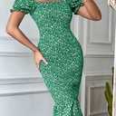 PRETTYGARDEN Summer Floral Bodycon Midi Dresses 2026 Puff Sleeve Mermaid Cocktail Baby Shower Photoshoot Maternity Dress (Green, S)
