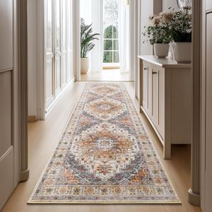 2'6" x 16'Non Slip Runner Rugs - Runners for hallways, Kitchen,Entryway,Stain Resistant Washable Rugs for Bedroom, Indoor Vintage Area Rugs (Turmeric/Grey,2'6" x 16')