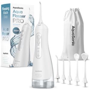 AquaSonic Aqua Flosser PRO - Rechargeable Electric Cordless Water Flosser for Teeth, Gums & Tongue - Waterproof Modern Design, 300ml Large Tank, 3 Modes, 6 Jet Tips, Deluxe Tongue Nozzle - Optic White