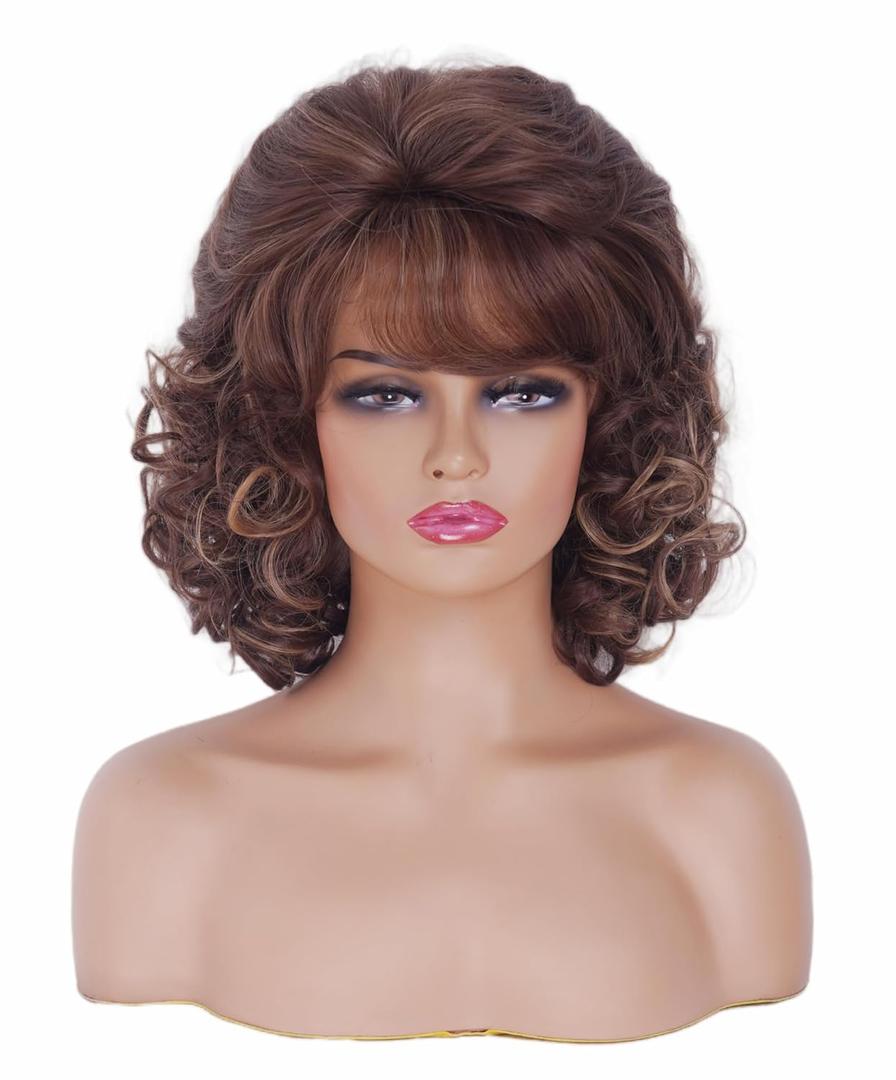 Short Brown Mixed Wigs for Women Wavy Shoulder Length Wig with Bangs Synthetic Curly Natural Wig for Role Play,Halloween,Daily Use