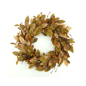 20'' Fall Wreath Autumn Wreath for Front Door with Brown Magnolia Leaves and Small Pomegranate Fruits for Home Outdoor Farmhouse Porch Wall Window Decoration,Brown Gift Box Included