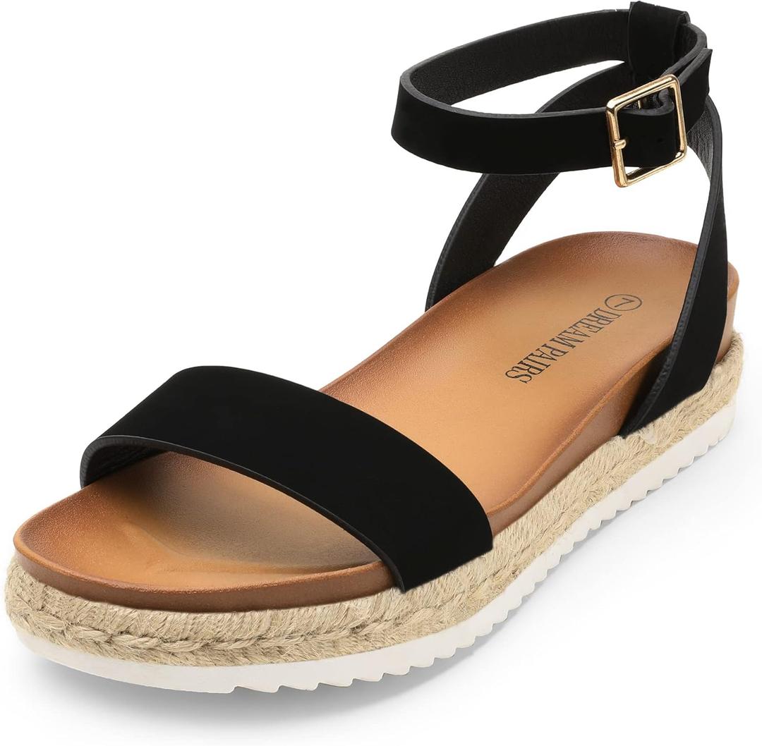 DREAM PAIRS Women’s Balck Nubuck Open Toe Ankle Strap Espadrille Flatform Platform Sandals Size 9.5 M US Kathy