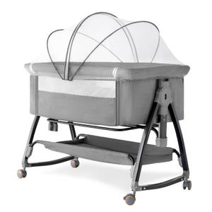 venowu Bedside Crib, 3 in 1 Bassinet with Quick Height Adjustment and Mosquito Nets Rocking Bassinet for Baby, Bedside Bassinet with Wheels, Easy to Fold, Golden Triangle Structure（Dark Grey）