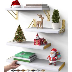 BAYKA Wall Shelves for Bedroom Decor, Floating Wall Shelves for Living Room Kitchen Storage, Wall Mounted Rustic Wood Shelves for Kids Books, Small Shelf for Bathroom (White and Gold ,Set of 4)