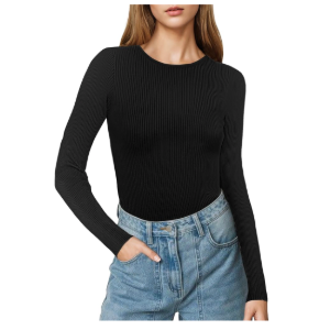Buauty Women's Long Sleeve Crewneck Sweater 2025 Fall Ribbed Knit Fitted Shirts Slim Solid Pullovers Basic Casual Tee Tops, Size Large