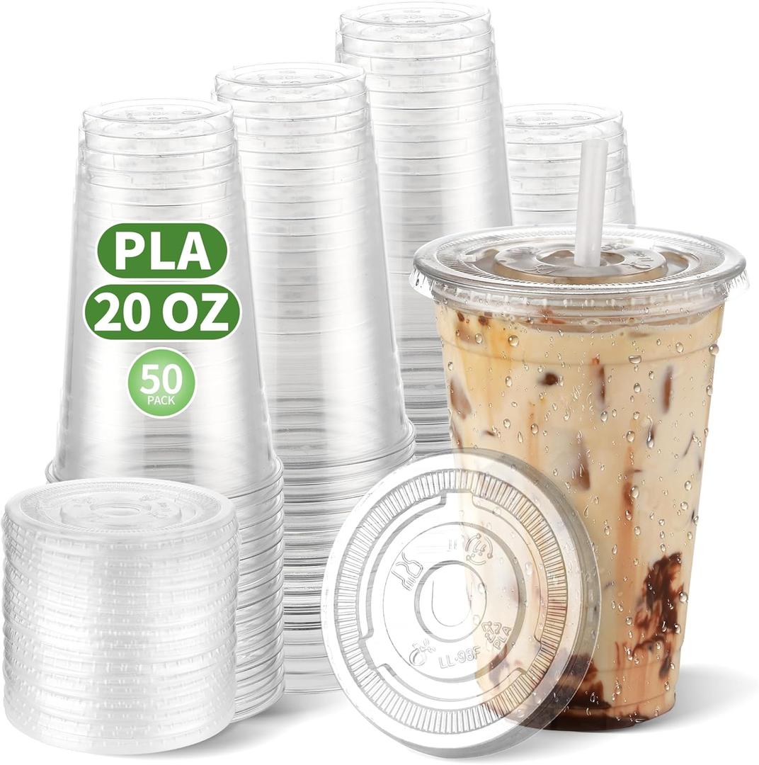 PLA 20 OZ Compostable Clear Plastic Disposable Iced Coffee Cups with Flat Lids, Biodegradable Cold Drinking To Go Coffee Cups for Party, Smoothie, Boba Tea, Slushy, Milkshake 50 Sets