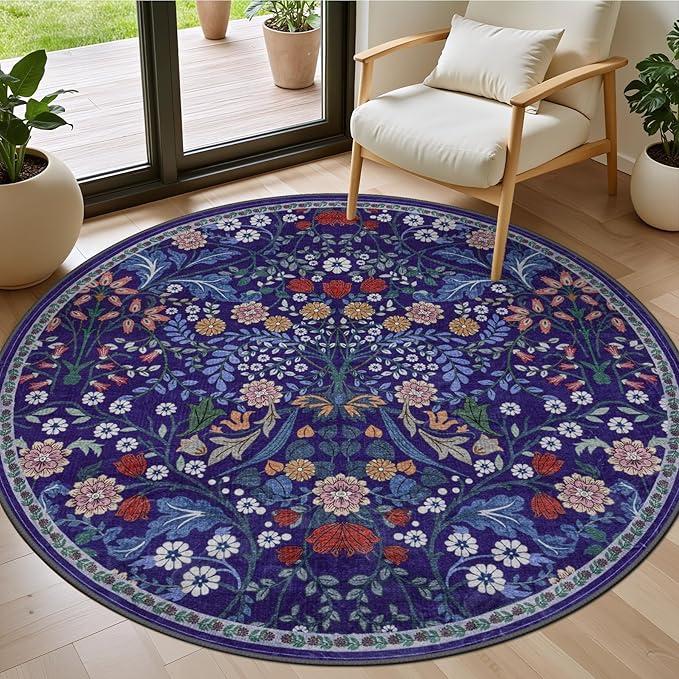 Round Area Rug for Living Room: 4 ft Floral Washable Circle Rug Soft Boho Non-Slip Carpet Indoor Stain Resistant Low Pile Small Circular Rug for Bedroom Entryway Kitchen Nursery Home Office Blue