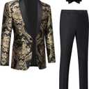 Tuxedo Suits for Men 2 Piece Regular Fit Suit Floral Blazer Jacket Waistcoat Pants Men Suit Set for Wedding Prom (3X-Large, Black & Gold-2pcs)
