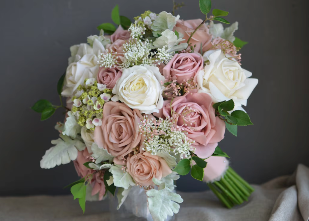Mhojpik Lightweight Bridal Wedding Bouquet Round Holding Bouquet Throw Toss Artificial Rose Flower Bunch for Bride Bridesmaid Wedding Quinceanera (Cream & Rosy Brown, 7.9")