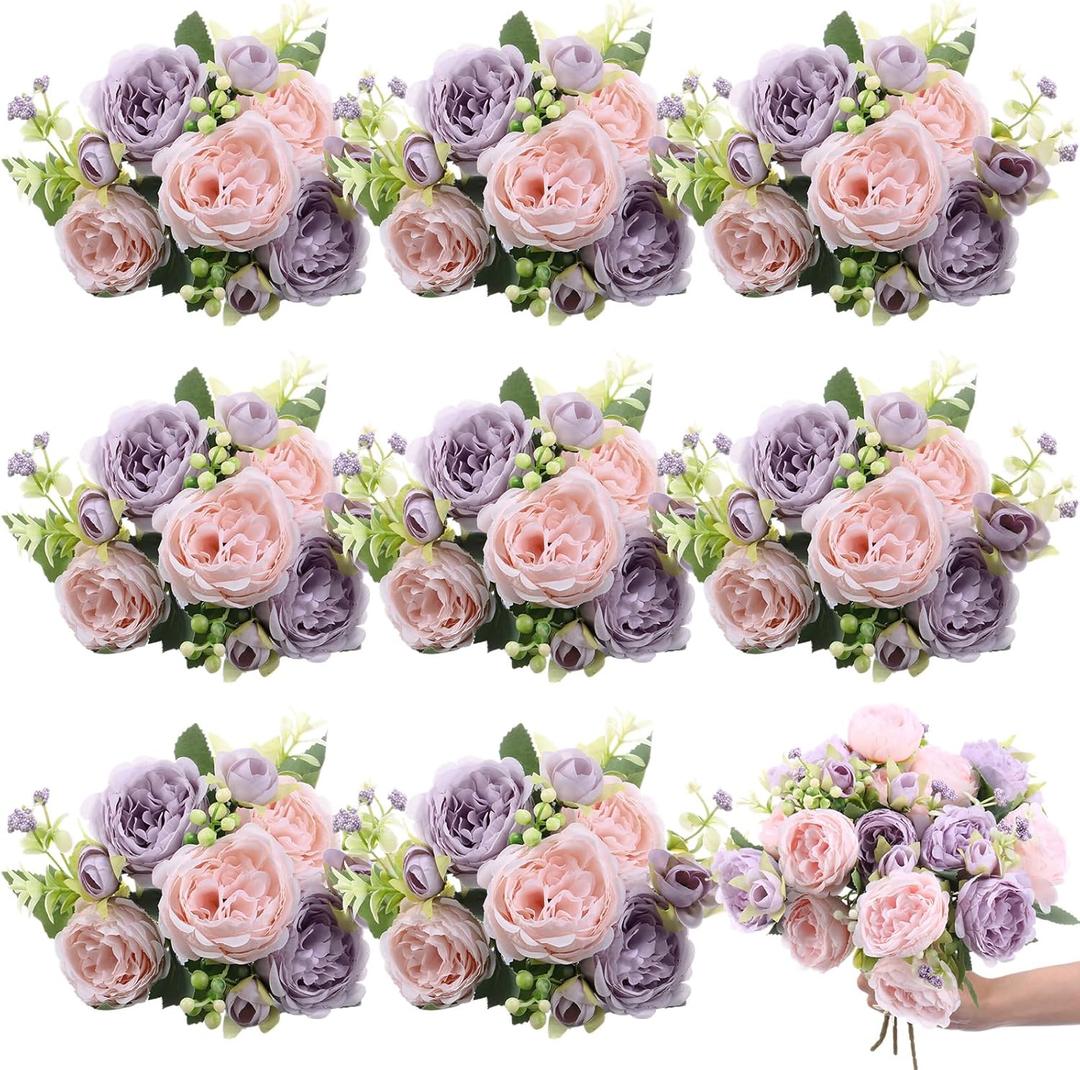 8 Bundles Artificial Peonies Flowers Boho Faux Flowers Arrangements Artificial Centerpiece Spring Bouquet Floral Wedding Decoration for Vase, (Pink, Purple)