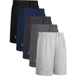 Tuliara 5 Pack Boys Athletic Shorts Mesh Running Shorts Quick Dry for Teen Kids Basketball Soccer Sport, Drawstring Waist Set, Medium, Black, Dark Gray, Navy Blue, Gray, Pale Gray