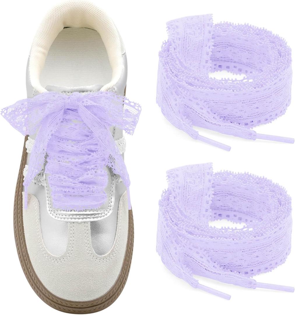 Flat Lace Shoelaces for Women: 2 Pairs 2.3CM Wide Lacy Shoe Laces | Lace Fancy Designs, Soft and Elastic, Free Cut for DIY Decorations