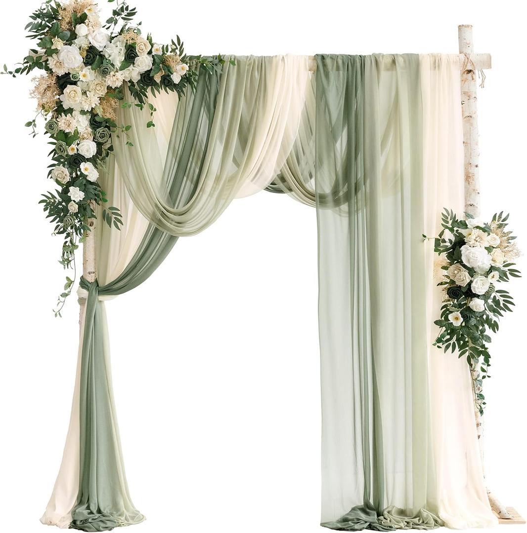Ling's moment Wedding Arch Flowers with Sheer Drapes Kit - Artificial Spring Green Rose Floral Arrangements for Ceremony Backdrop, Arbor Decor, 5-Piece Set (2 Flower Stems + 3 Hanging Drapes) (Grn-emerald & Tawny Beige)